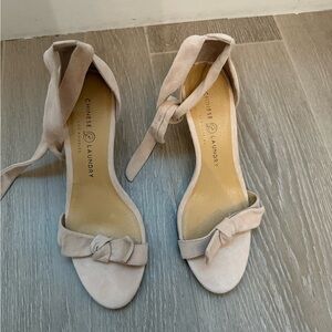 Pink/cream suede Chinese Laundry heel with bow tie and ties on ankle